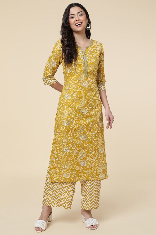 Floral Cotton Printed Straight Kurta With Plazzo set